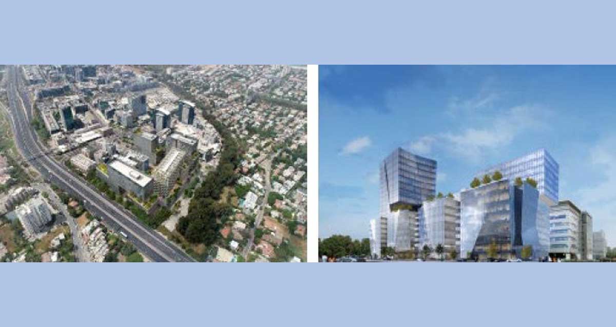 קולאז׳ של הדמיית בניינים באיזור התעסוקה המתוכנן בהרצליה באזור התעסוקה והדמיית צילום על של האיזור עם הבניינים