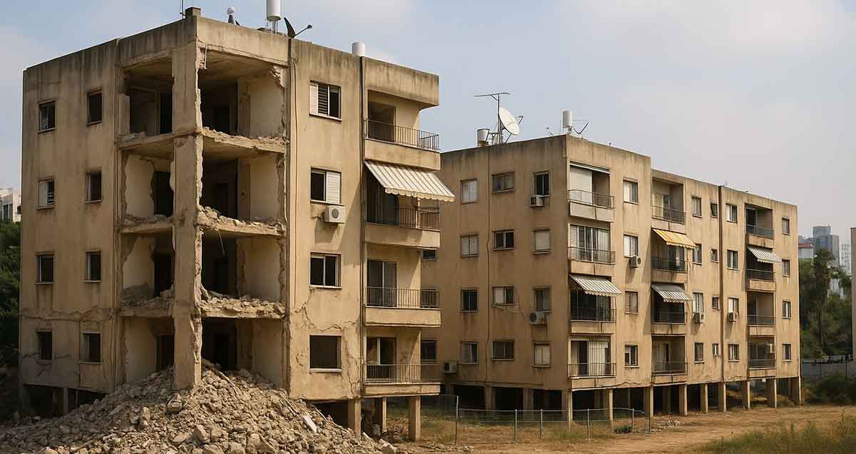 פינוי בינוי - בנייני מגורים מיועדים להריסה. פינה אחת של הבניין הרוסה. איור AI.