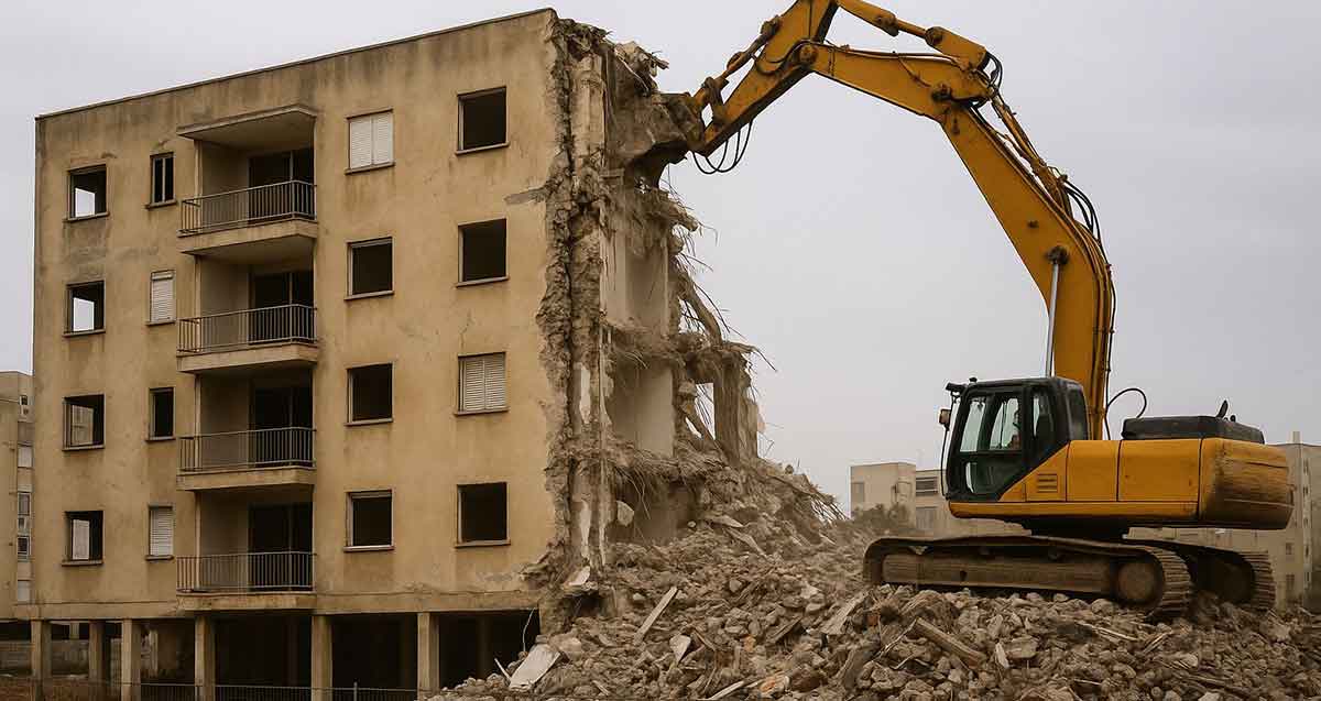פינוי בינוי - בנייני מגורים מיועדים להריסה. כלי הנדסי עם כף הורס את הבניין. איור AI.