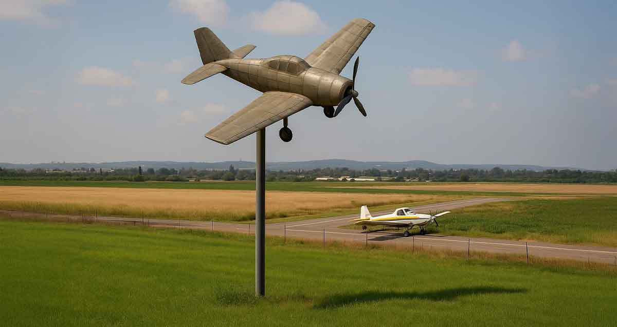 איור בינה מלאכותית של פסל של מטוס נופל על עמוד, ליד מסלול בשדה תעופה.