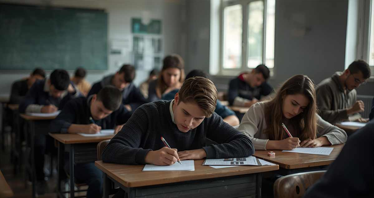 תלמידי תיכון, בנים ובנות פותרים מבחן בכיתה. הדמיית בינה מלאכותית: השרון אונליין