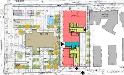 תוכנית התחדשות עירונית פסאז' רובין בלב הרצליה. הפסאז' בצבע ורוד, בין רחוב סירקין לרחוב סוקולוב.