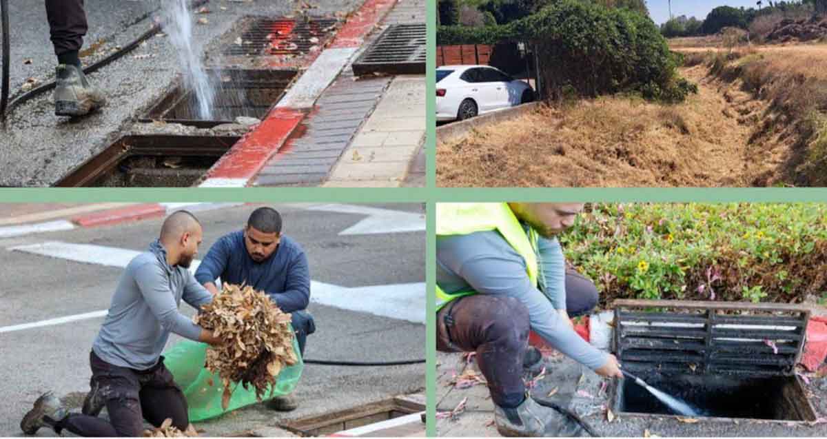 עבודות תשתית לקראת מזג אוויר חורפי. ארבע תמונות של ניקוי פתחי ניקוז וניקוי תעלה של מי גשם.