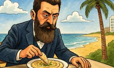 הרצל אוכל חומוס ליד הים בהרצליה. איור AI - שרון אונליין