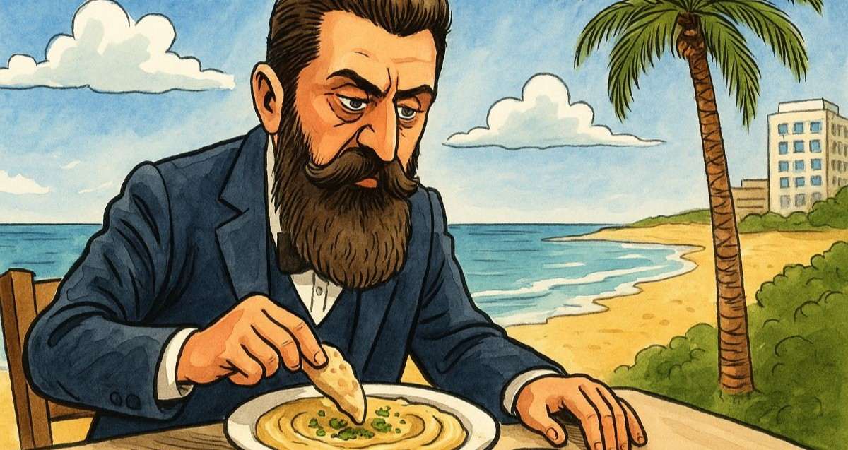 הרצל אוכל חומוס ליד הים בהרצליה. איור AI - שרון אונליין