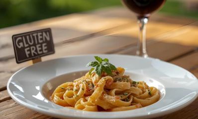מנת פסטה ויין אדום על שולחן עץ, ליד יש שלט קטן עם כיתוב: ללא גלוטן באנגלית. הדמיית בינה מלאכותית: השרון אונליין