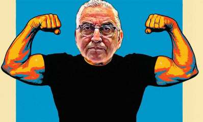 חיים ברוידא. איור AI. חיים עושה שרירים בידיים מורמות.