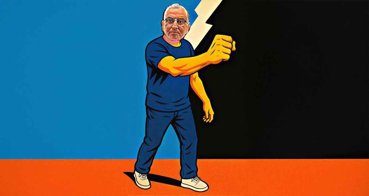 חיים ברוידא. איור AI. מימין רקע שחור, משמאל רקע כחול וביניהם ברק.