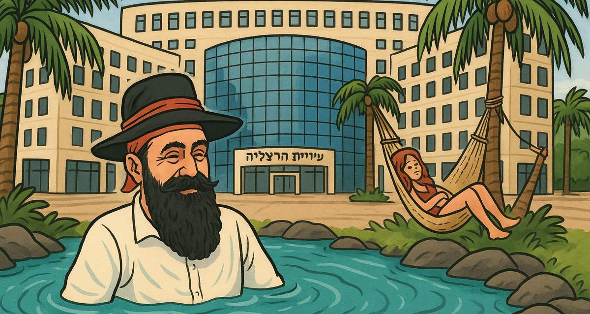 הרצל משתכשך ב"מעיין" ברחבת בניין עיריית הרצליה. איור AI - שרון אונליין