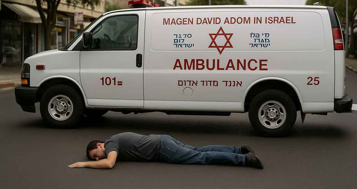 איור AI של אזרח פצוע על כביש, ליד אמבולנס.