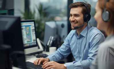 מוקדi צעיר עם אוזנייה ישב מול מחשב, הדמיית בינה מלאכותית: שרון אונליין