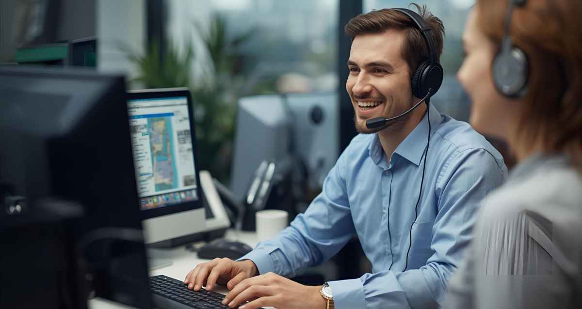 מוקדi צעיר עם אוזנייה ישב מול מחשב, הדמיית בינה מלאכותית: שרון אונליין