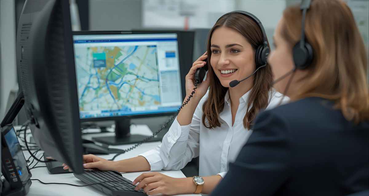 מוקדנית צעירה מדברת בטלפון, יושבת מול מחשב, הדמיית בינה מלאכותית: שרון אונליין