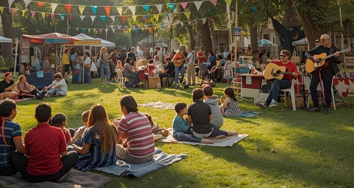 רחבה שכונתית ירוקה עם דגלונים צבעוניים, משפחות וילדים יושבים על מחצלות, דוכני יצירה ומוזיקאים מנגנים בגיטרות ותופים. הדמיית בינה מלאכותית: השרון אונליין
