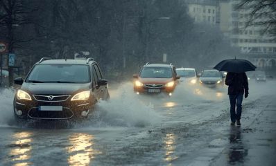 כביש עירוני מוצף בגשם חזק, מכוניות נוסעות לאט, אדם עם מטרייה צועד בשולי הדרך. הדמיית בינה מלאכותית: השרון אונליין.