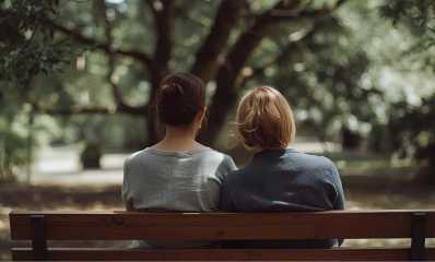 שתי נשים יושבות על ספסל מול חורשה. הדמיית בינה מלאכותית: השרון אונליין