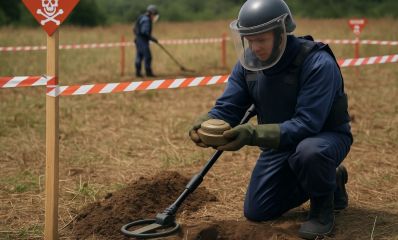 גבר בחליפת מגן עם קסדה עובד בפינוי מוקשים, הדמיית בינה מלאכותית: השרון אונליין
