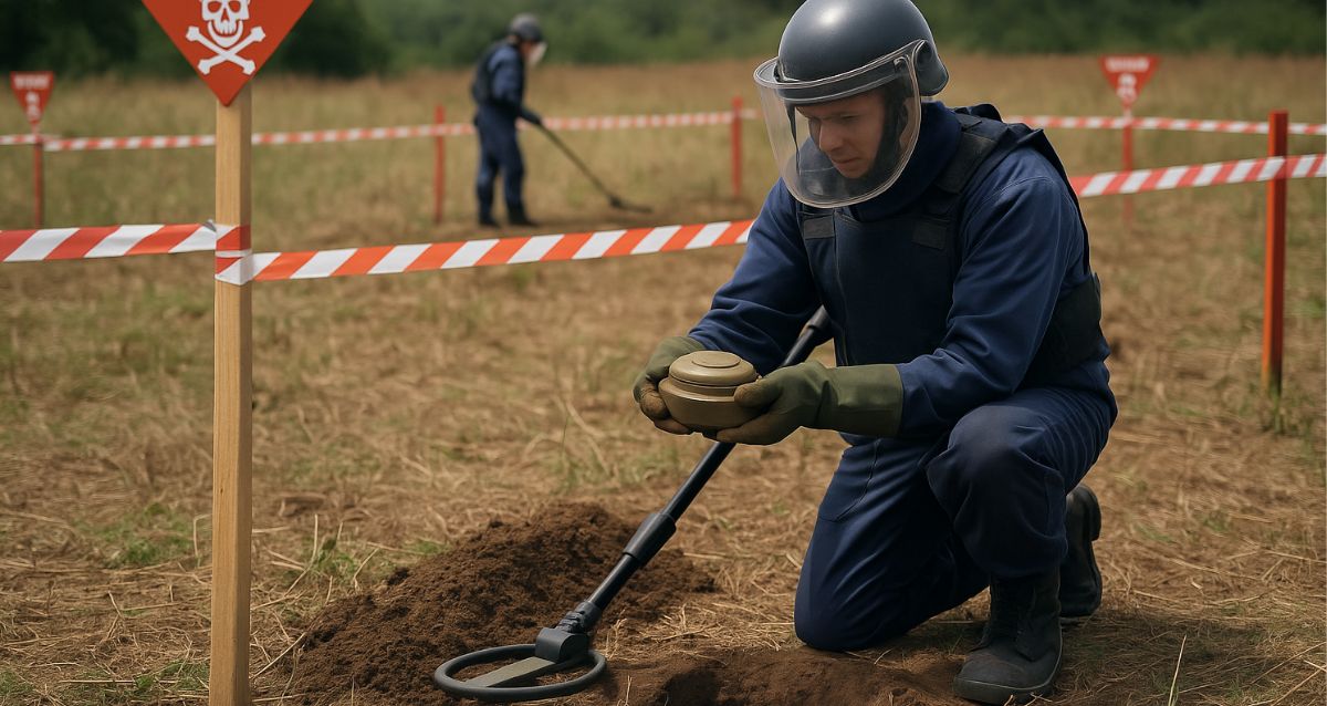 גבר בחליפת מגן עם קסדה עובד בפינוי מוקשים, הדמיית בינה מלאכותית: השרון אונליין