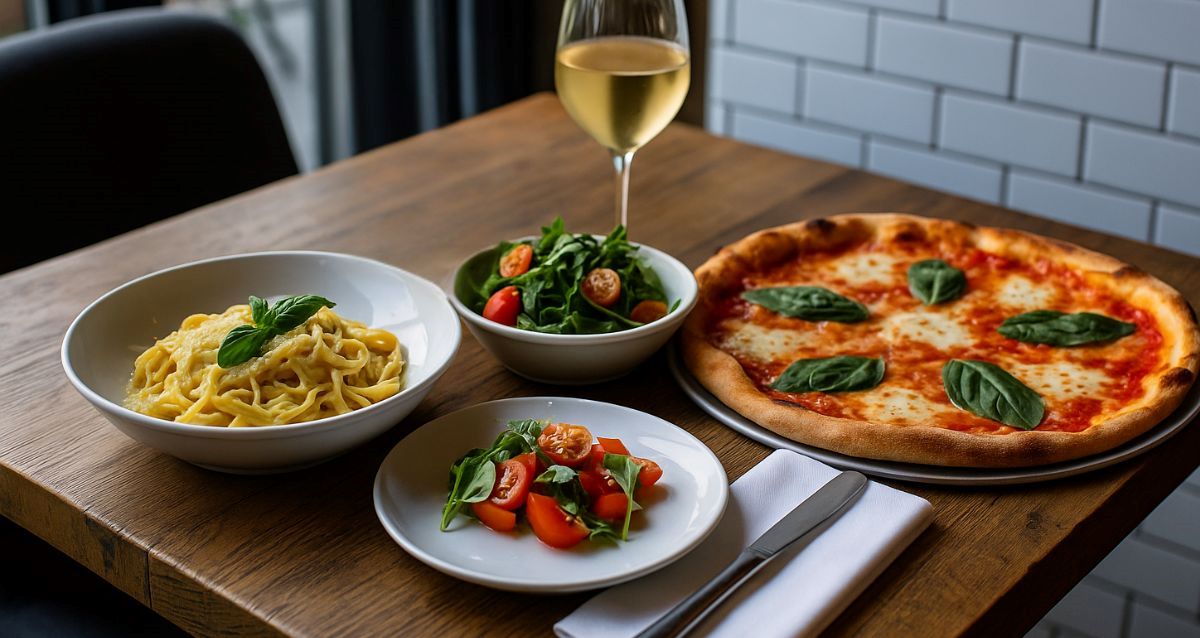 שולחן במסעדה עם מנת פסטה, סלט ופיצה וכוס יין לבן, הדמיית בינה מלאכותית: השרון אונליין