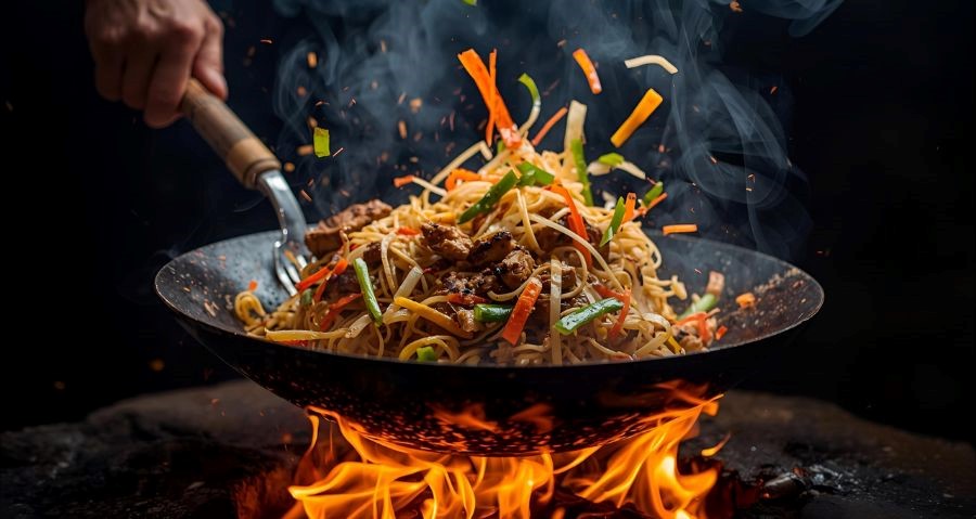 מחבת ווק מעל אש עם ירקות אטריות ובשר, הדמיית בינה מלאכותית: השרון אונליין