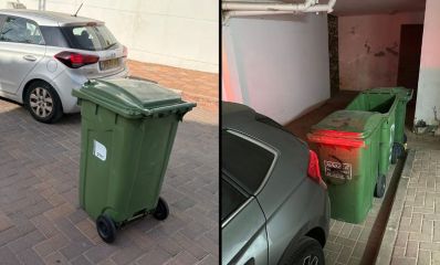 פחים חוסמים חניה ופח באמצע הכביש, צילום: אורנה גלזן גונן, מקסים בלישצ'יק