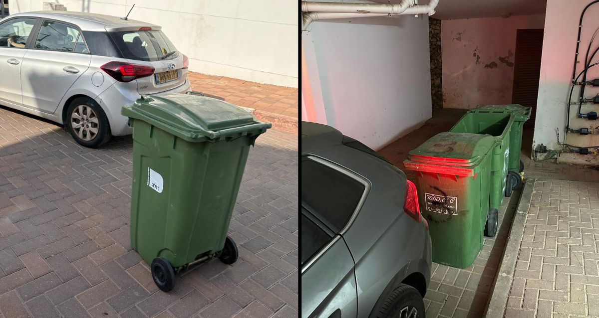 פחים חוסמים חניה ופח באמצע הכביש, צילום: אורנה גלזן גונן, מקסים בלישצ'יק