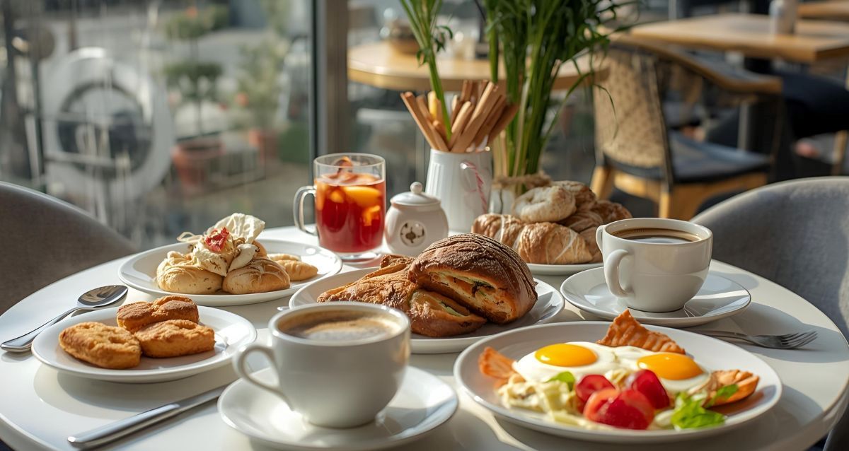 שולחן ארוחת בוקר עם קפה, ביצים, מאפים ולחמים טריים. הדמיית בינה מלאכותית: השרון אונליין