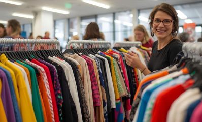 אישה עומדת ומחייכת בין קולבים בגדים צבעוניים, הדמיית בינה מלאכותית: השרון אונליין