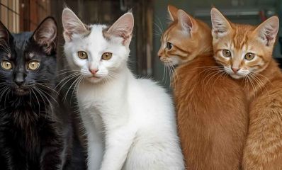 4 גורי חתולים בצבע ג'ינג'י, לבן ושחור. הדמיית בינה מלאכותית: השרון אונליין