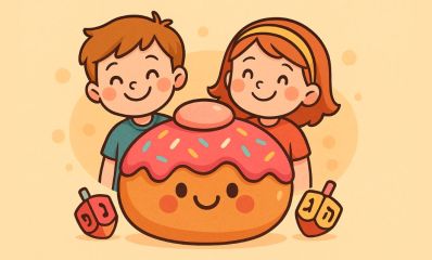 איור שני ילדים מחייכים מאחורי סופגניה מחייכת ושני סביבונים. איור בינה מלאכותית: השרון אונליין