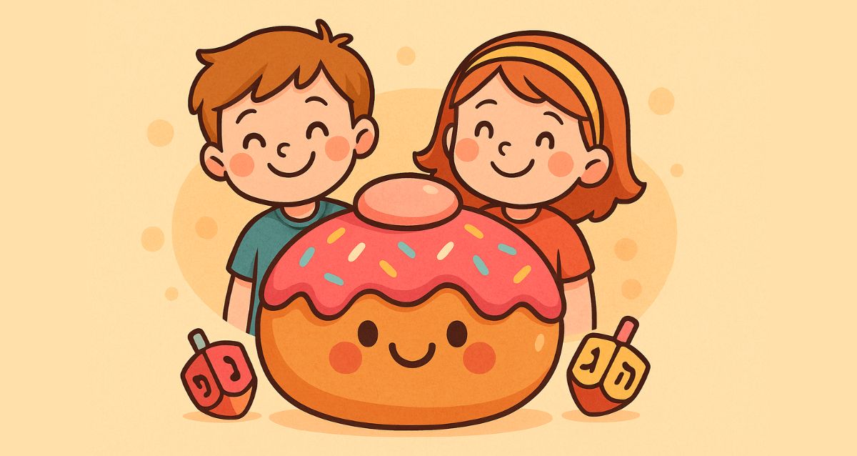 איור שני ילדים מחייכים מאחורי סופגניה מחייכת ושני סביבונים. איור בינה מלאכותית: השרון אונליין