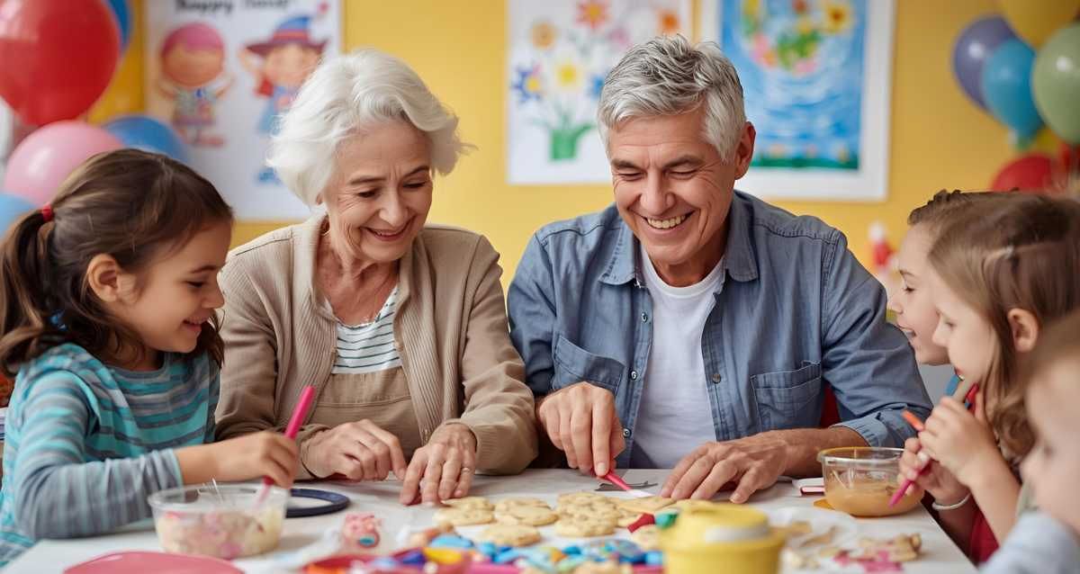 שבא וסבתא עם שתי נכדות צעירות מסביב לשולחן צבעוני צוחקים, הדמיית בינה מלאכותית: השרון אונליין