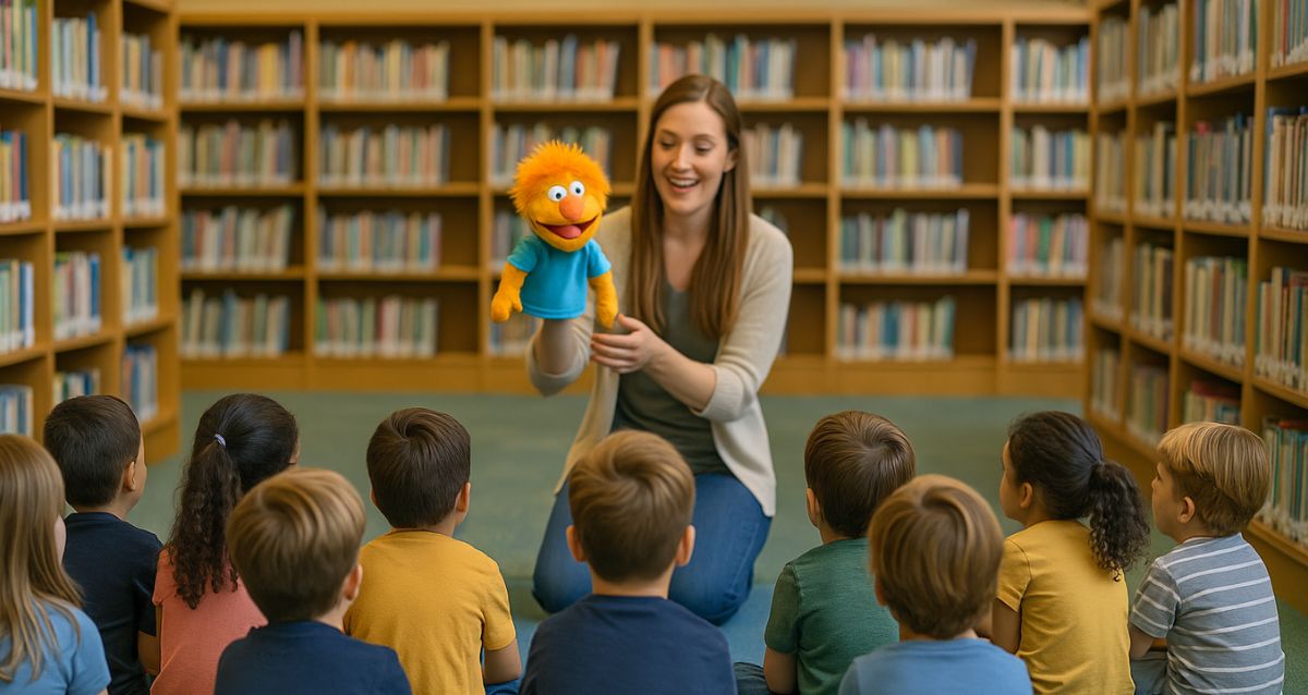 ילדים יושבים בספרייה עירונית ומאזינים לסיפור. מולם מספרת עם בובת יד. הדמיית בינה מלאכותית: השרון אונליין