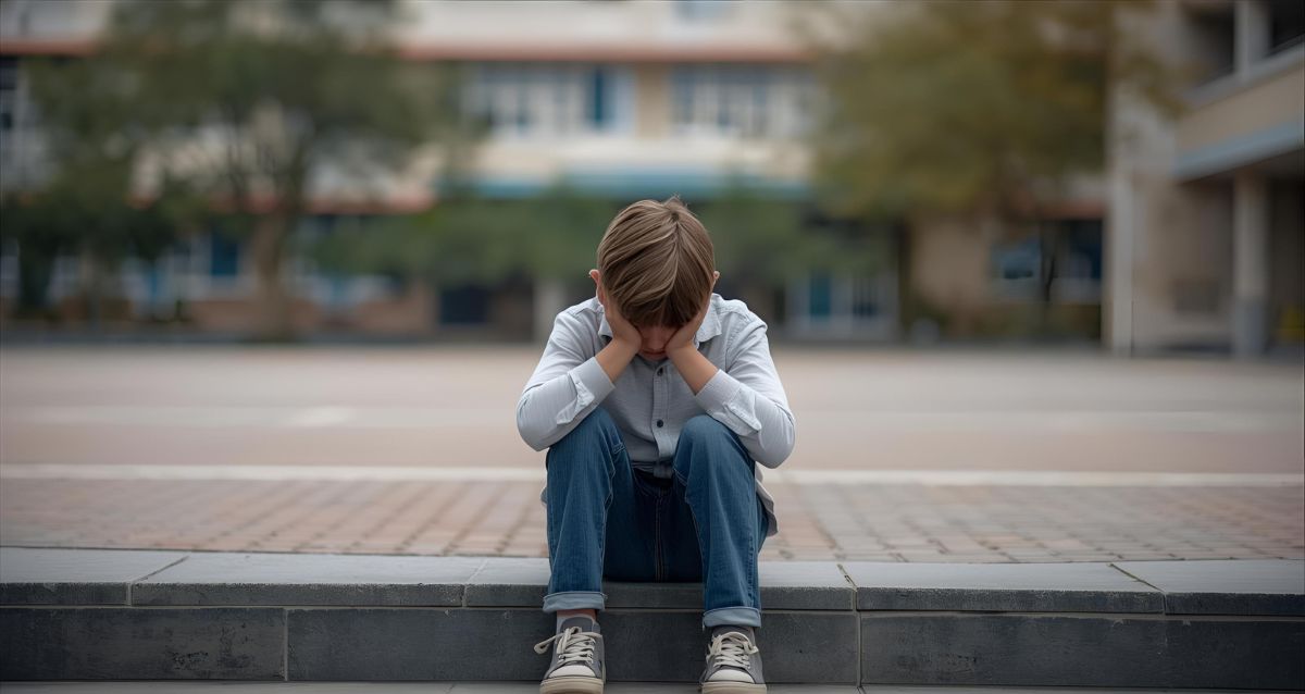 ילד עצוב יושב על המדרכה, ראשו בין ידיו. הדמיית בינה מאלכותית: השרון אונליין