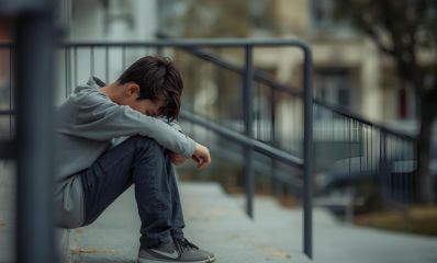 ילד עצוב יושב על מדרגות, ראשו על ברכיו, הדמיית בינה מלאכותית: שרון אונליין