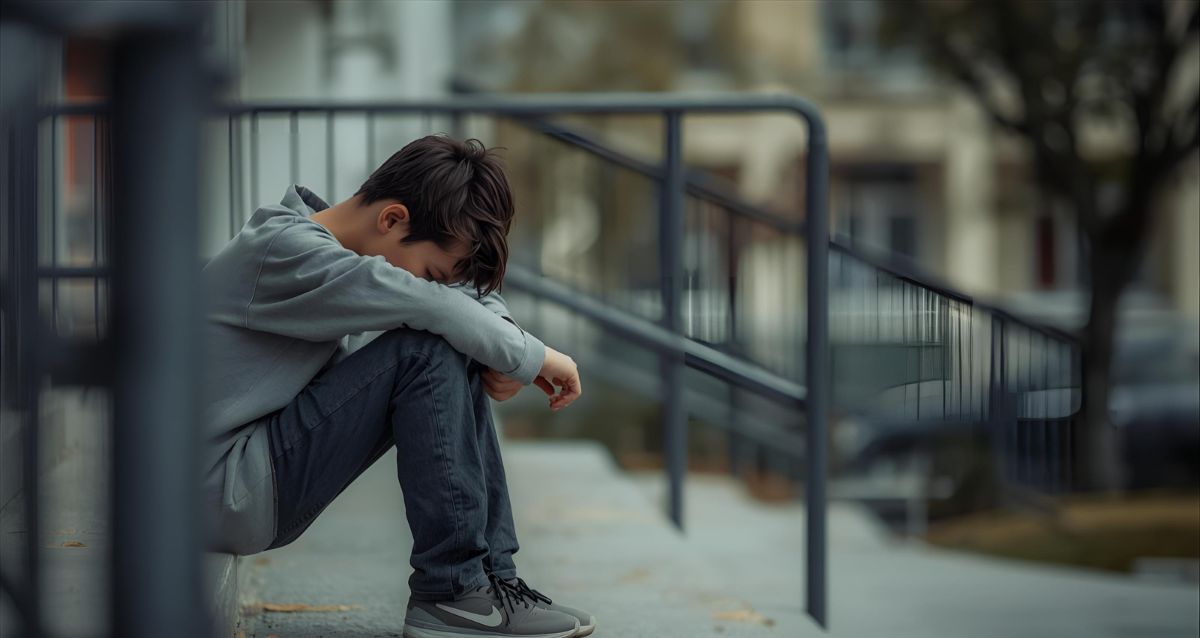 ילד עצוב יושב על מדרגות, ראשו על ברכיו, הדמיית בינה מלאכותית: שרון אונליין