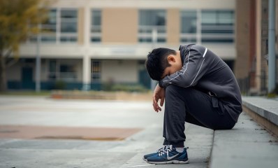 נער צעיר יושב על מדרגות מחוץ לביץ הספר, ראשו וידיו מונחות על ברכיו, הדמיית בינה מלאכותית: השרון אונליין