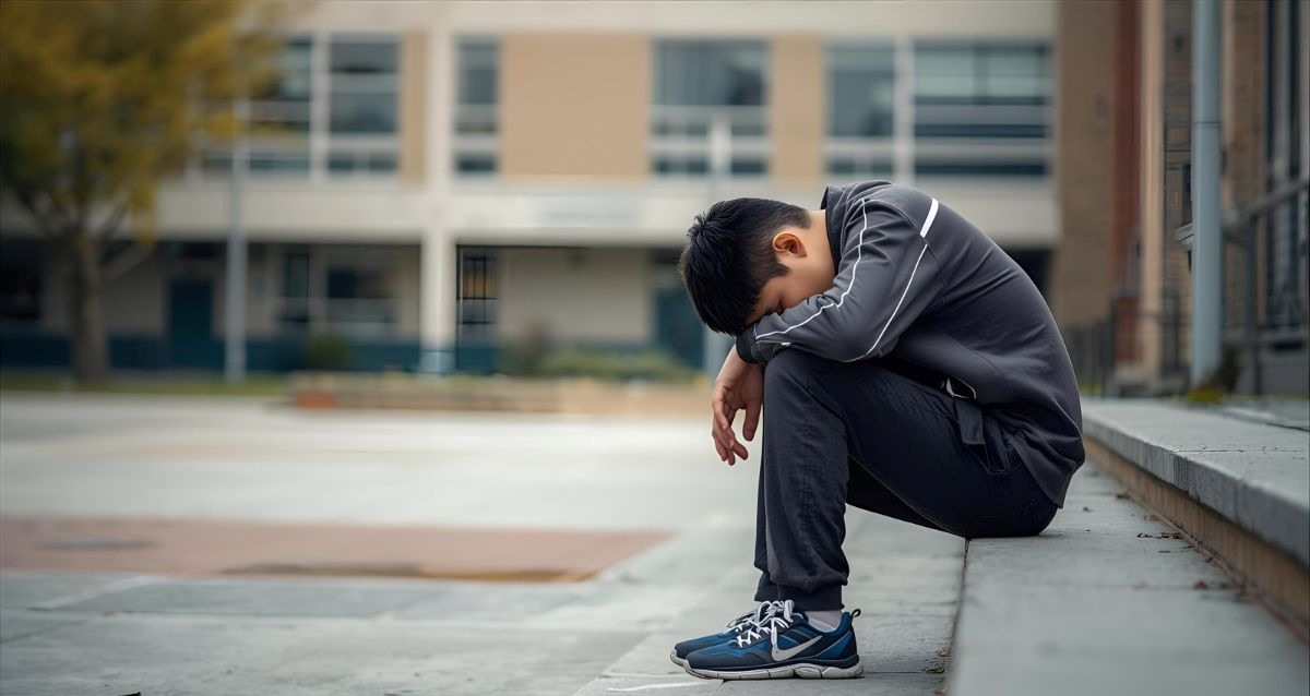 נער צעיר יושב על מדרגות מחוץ לביץ הספר, ראשו וידיו מונחות על ברכיו, הדמיית בינה מלאכותית: השרון אונליין