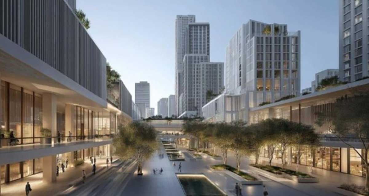 הדמיה של מרחב עירוני עתידי ברובע גלילות המתוכנן. שדרות עצים ומדרחוב, בנייני ומגדלים וקומות מסחר בהם משוטטים אנשים