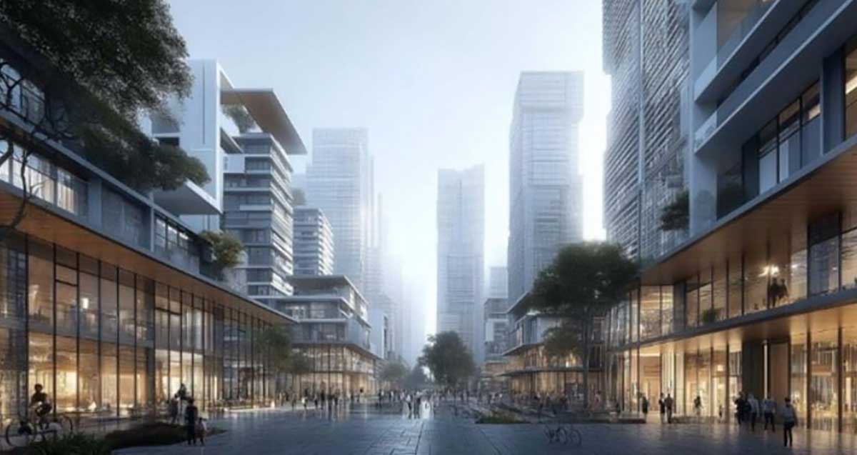 הדמיה של מדרחוב עירוני עתידי ברובע גלילות דרום, קומות מסחר, חנויות ומגדלי מגורים