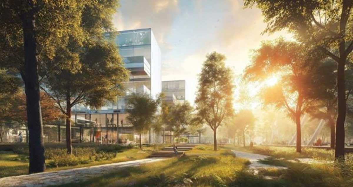 הדמייה של פארק, שדרות עצים ושביליםל ובניינים המתוכננים בגלילות דרום העתידי