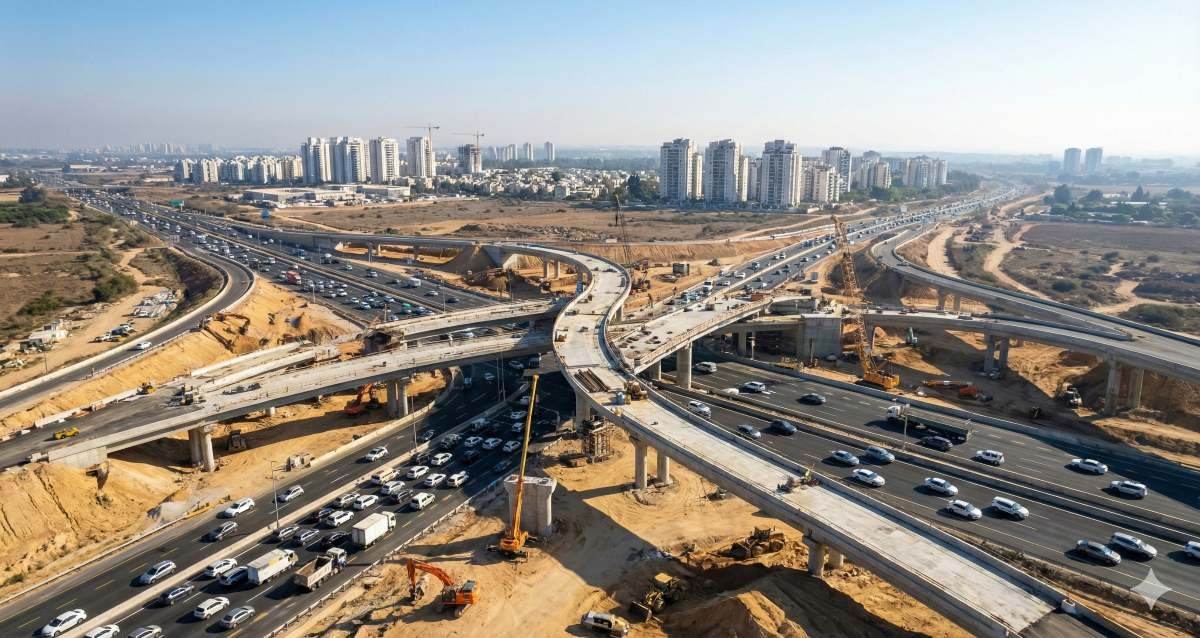 הדמיית עבודות הקמת מחלף כביש 541 החדש בשרון, עם גשרי בטון ומנופים על רקע בנייני המגורים של רעננה וכפר סבא. הדמיה: מדיה היפר לוקאלית