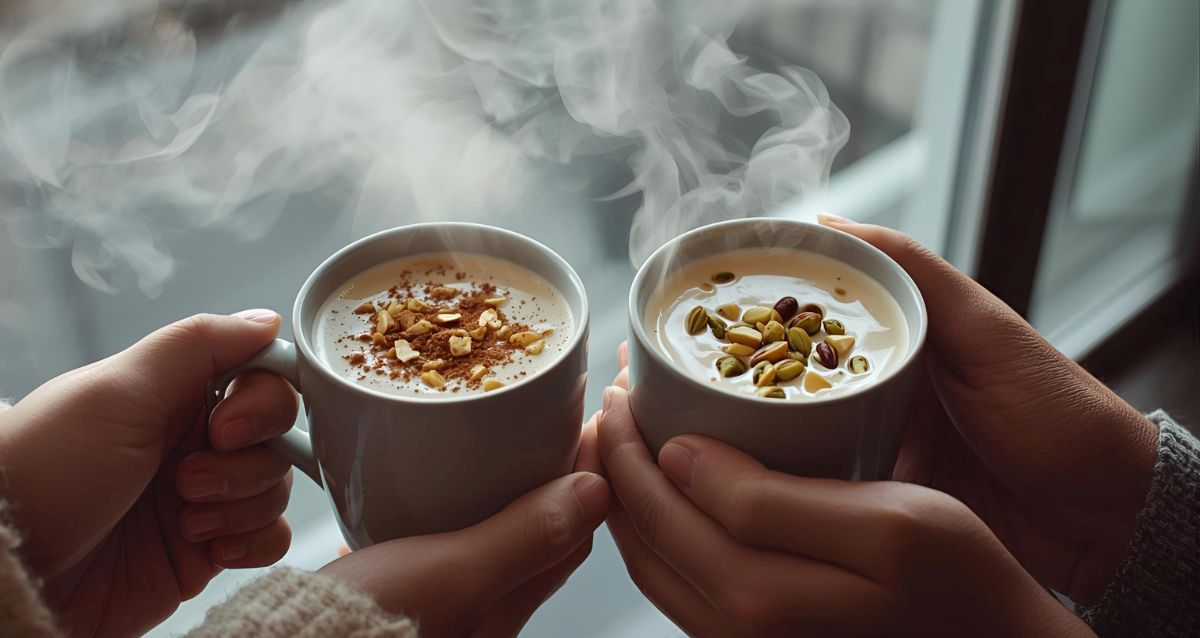 תקריב כפות ידיים של זוג, גבר ואשה, מחזיקים כוסות עם סחלב חם - האחד עם פיסטוק והשני עם בוטנים, הדמיית בינה מלאכותית: השרון אונליין