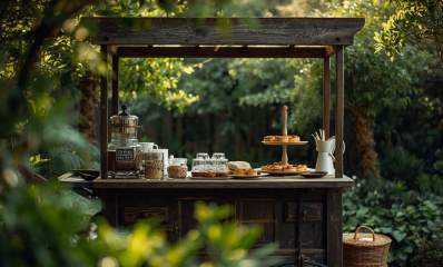 עגלת קפה מעץ ברקע של עצים ירוקים, עם מאפים וקפה, הדמיית בינה מלאכותית: השרון אונליין