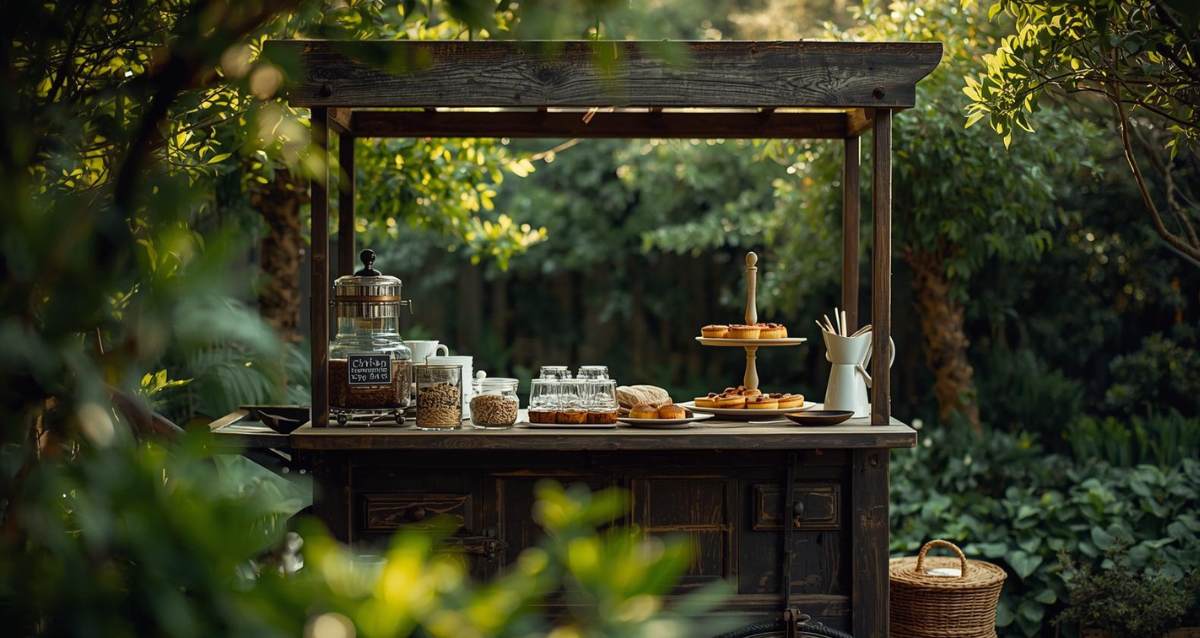 עגלת קפה מעץ ברקע של עצים ירוקים, עם מאפים וקפה, הדמיית בינה מלאכותית: השרון אונליין