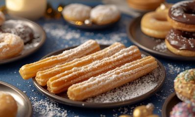 צלחת עם צ'ורוס ועליהם אבקת סוכר ומסביב עוד צלחות עם סוגים שונים של דונאטס, הדמיית AI: השרון אונליין