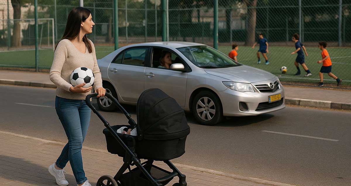 אישה עם עגלת תינוק וילדים משחקים כדורגל. איור Ai