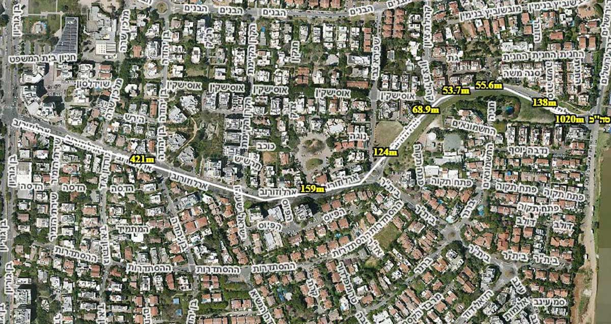 מסלול שביל אופניים שייסלל ברחוב ארלוזורוב הרצליה. מפה עם סימון מרחקים לאורך רחוב ארלוזורוב. סה"כ 1020 מטרים.