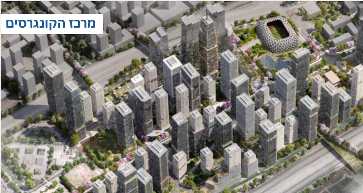 הדמייה של הרובע העשירי של רמת השרון ומרכז הקונגרסים שיקום בו. הבניינים והמגדלים