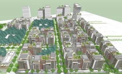 הדמיה של שכונת האקליפטוס בהוד השרון. בניינים של שמונה קומות וברקע מגדלים.